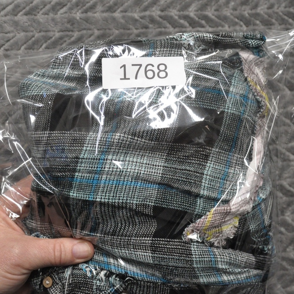 Free People Plaid Button Down Shirt LARGE Blue Distressed Deconstructed (1768) - Picture 6 of 6